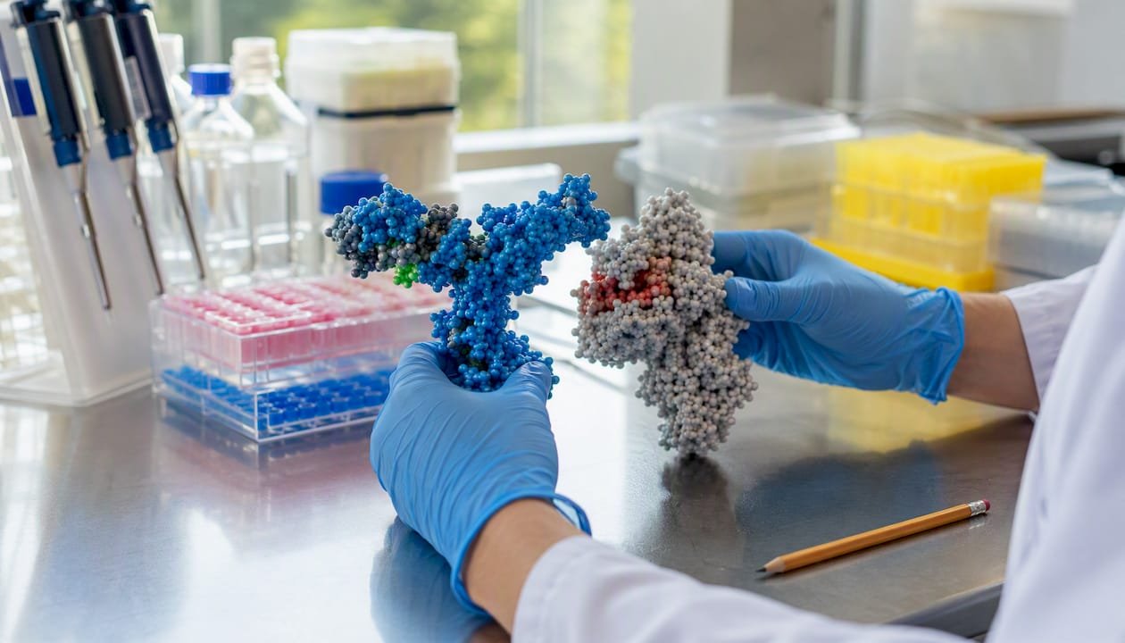 Hands holding antibody antigen molecular models