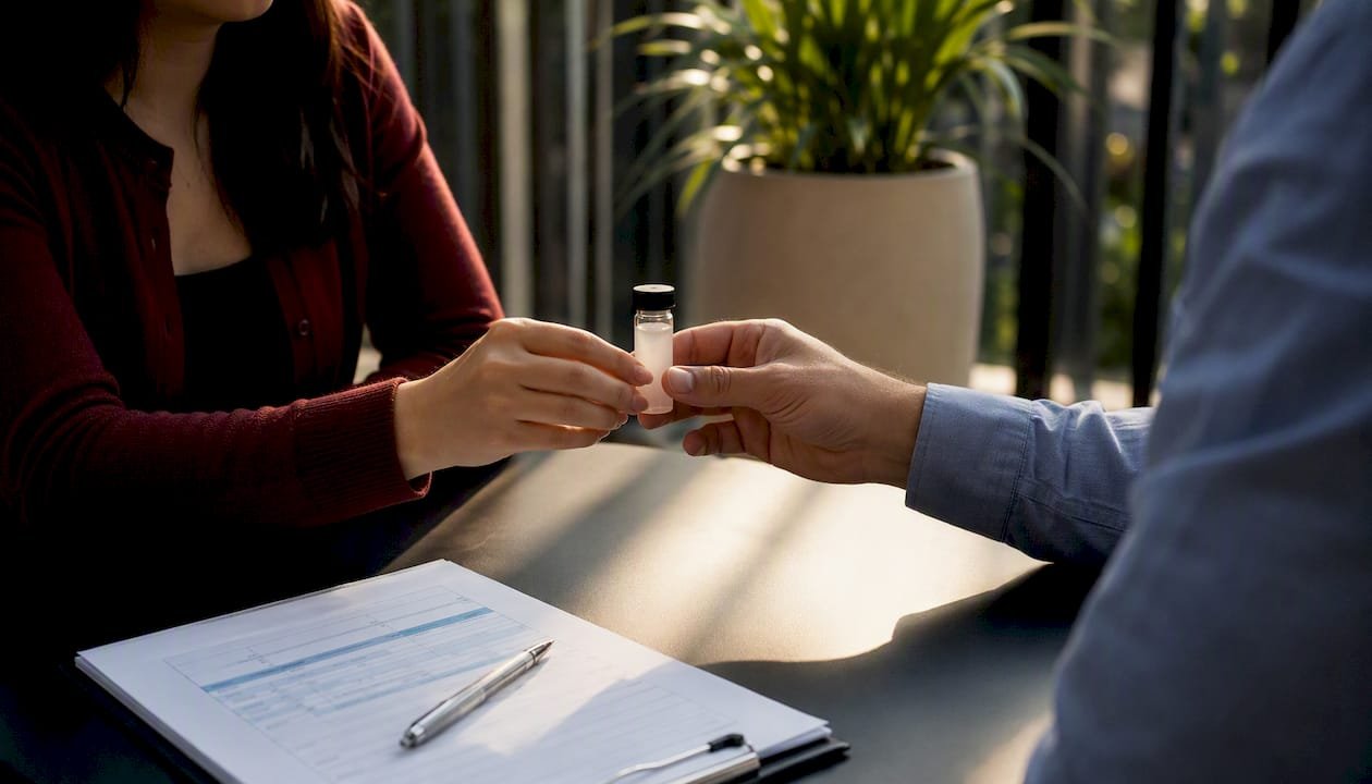 Two people exchanging nanotech sample vial in meeting