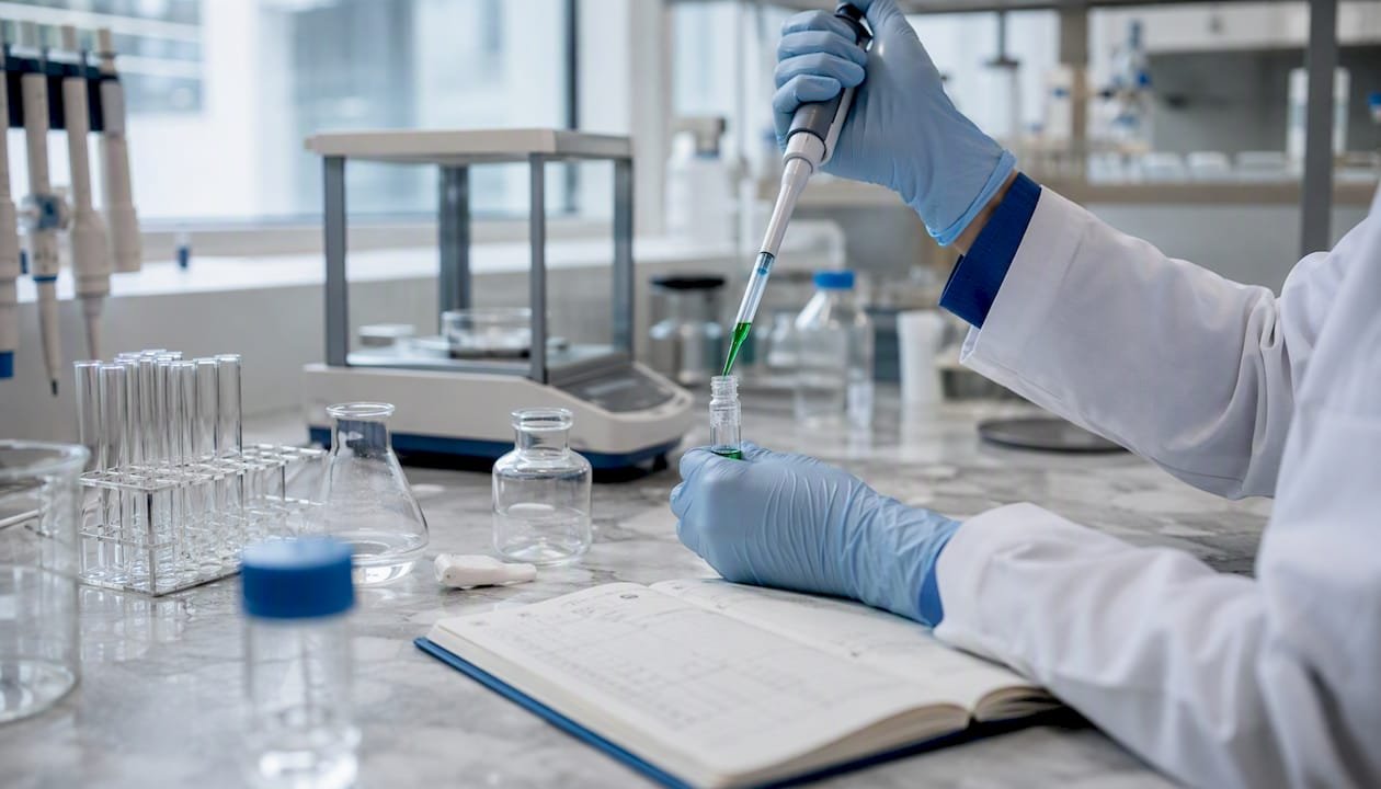 Hands pipetting reagent in biomedical lab