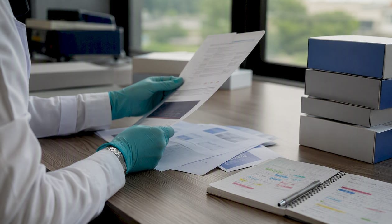 Hands comparing reagent supplier datasheets
