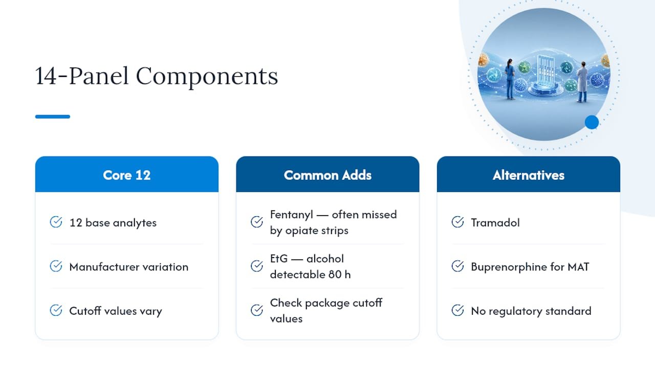Diagram comparing 14 analytes detected by drug tests