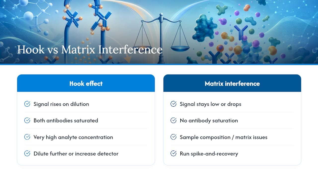 Diagram comparing hook effect and matrix interference in ELISA