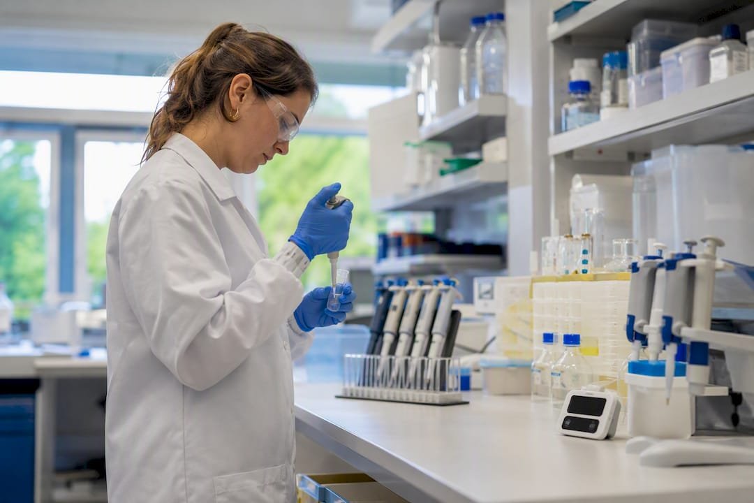 Hands mixing antibody solutions for ELISA assay