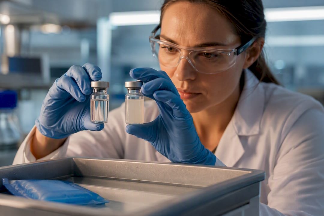 Scientist checking conjugate vial clarity